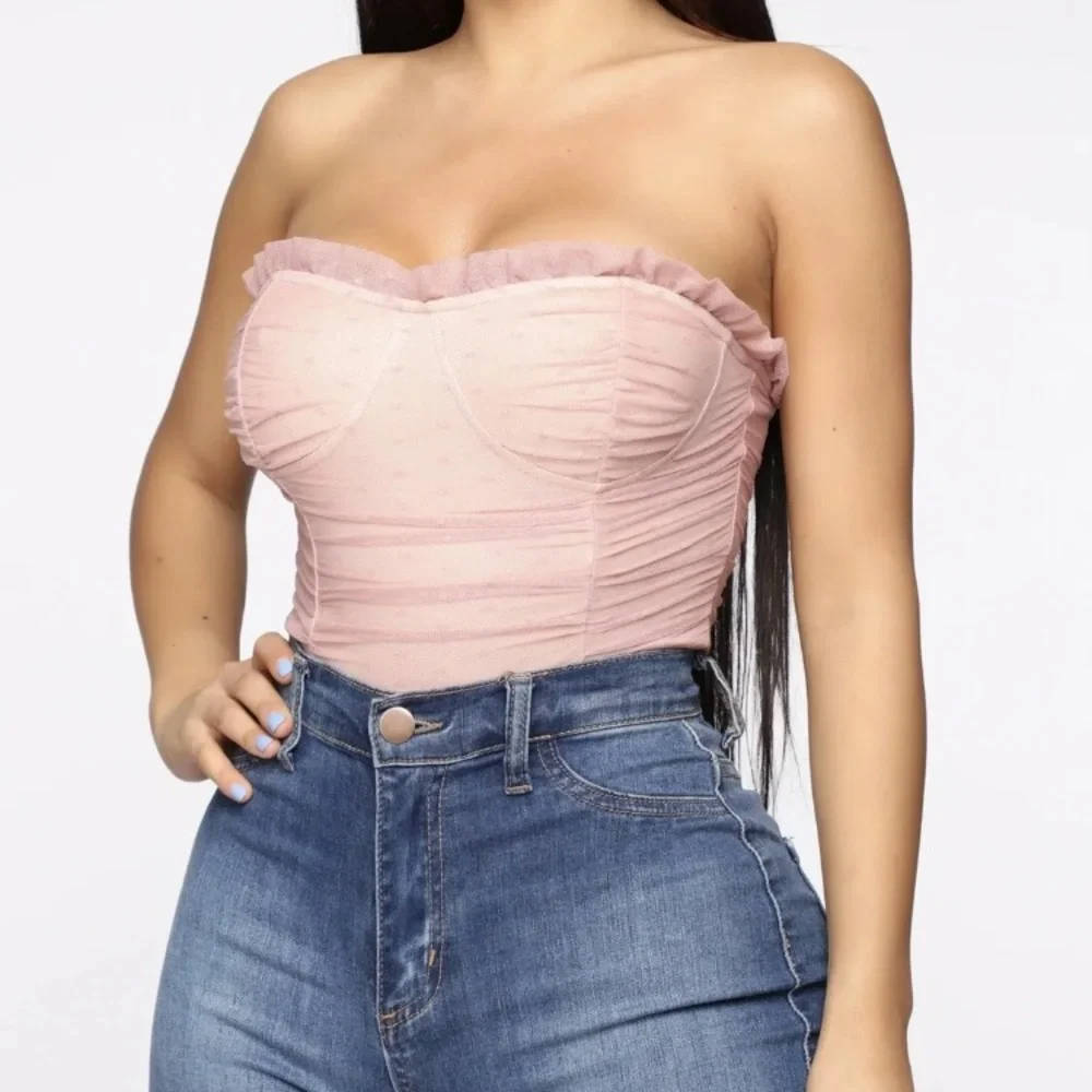 Large Pink Bodysuit for Women Ruched polka dot ruffle trim strapless Mauve Top - Picture 2 of 3
